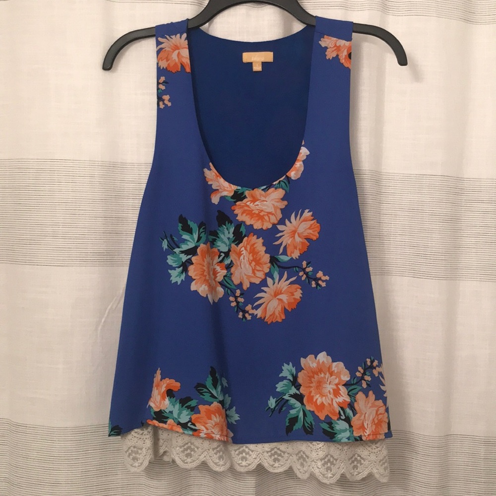 Blue racer back top with orange flowers and lace